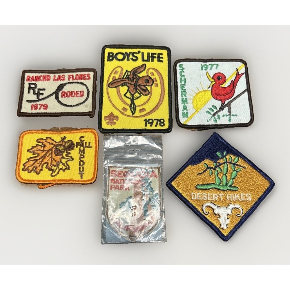 BSA Patch Lot 6pc Vintage 1970s Boys Life Rodeo Sequoia Desert Hikes Campout